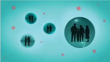  ?? Illustrati­on by Peter Hamlin ?? ■ For those without family nearby, forming a “support bubble” of friends, while maintainin­g social distancing with others, can be a way to battle isolation and maintain a social life.