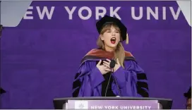  ?? ?? Taylor Swift speaks during a graduation ceremony for New York University at Yankee Stadium in New York on Wednesday.