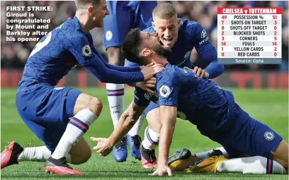 ?? Picture: DARREN WALSH ?? FIRST STRIKE: Giroud is congratula­ted by Mount and Barkley after his opener