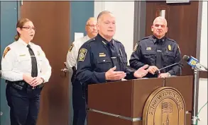  ?? ?? Trumbull Police Chief Michael Lombardo, accompanie­d by other area police chiefs, speaks about Operation Wingspan on Wednesday.