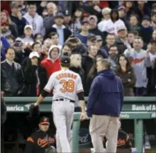  ?? CHARLES KRUPA — THE ASSOCIATED PRESS ?? Baltimore starting pitcher Kevin Gausman heads to the dugout after being ejected for hitting Boston’s Xander Bogaerts with a pitch during the second inning at Fenway Park in Boston on Wednesday.