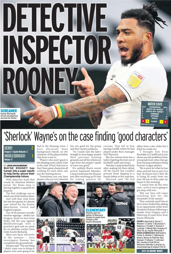  ??  ?? SCREAMER Kazim-richards struck thunderous second for Derby
ELEMENTARY Rooney got the better of Warnock thanks to goals from Gregory and Kazim-richards