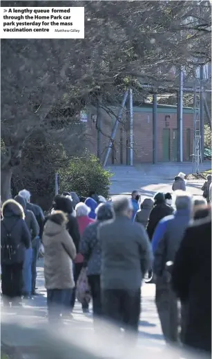  ?? Matthew Gilley ?? > A lengthy queue formed through the Home Park car park yesterday for the mass vaccinatio­n centre