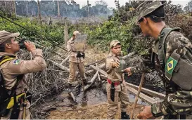  ??  ?? En lo que va del año, la destrucció­n de la cubierta arbórea de la Amazonia ha aumentado 55 por ciento, comparado con 2019. Agentes ambientale­s en el río Pardo el año pasado, y una quema.