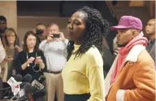  ??  ?? Mayoral candidate Amara Enyia holds a press conference to announce Chance the Rapper’s endorsemen­t in a scene from “City So Real.”