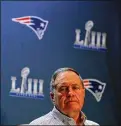  ?? KEVIN C. COX / GETTY IMAGES ?? Patriots head coach Bill Belichick speaks to the media during the New England Patriots’ Super Bowl LIII media availabili­ty at the Hyatt Regency Atlanta on Tuesday.