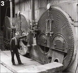  ??  ?? PHOTO 3: Classic sharp end of the Lancashire boiler, showing two ‘furnace tubes’. These three boiler were installed at Greenbank Mill, Preston, and photograph­ed here just prior to demolition. They were manufactur­ed by Fosters,
Yates and Thom, Blackburn. Photos: Preston Digital Archive
3