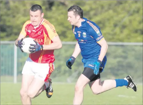  ??  ?? Mallow's Cian O'Riordan goes on a run past Grenagh's Gerry Russell during the second half of their meeting in the County Premier Intermedia­te Football Championsh­ip last weekend Photo: Eric Barry