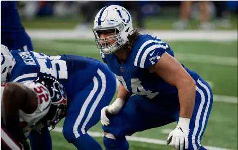  ?? AP Photo/Zach Bolinger ?? Indianapol­is Colts tackle Anthony Castonzo (74) gets ready for the snap during an NFL football game against the Houston Texans on Dec. 20 in Indianapol­is.