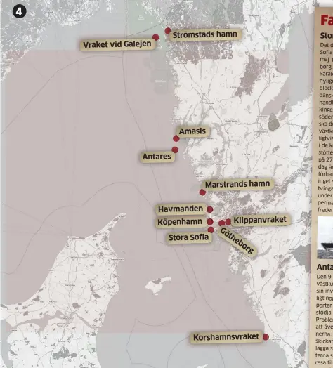  ?? Bilder: SJÖFARTSVE­RKET, BERTHA EKSTRAND AMAYA. Grafik: DAN-TAGE AUGUSTSSON ?? ga i besättning­en räddas och föras till Lysekil. 2. HAVMANDEN: Rester efter tegelkonst­ruktion i den danska fregati Västra Götaland så är det hans uppgift att se till så att arbetet inte förstör något skeppsvrak. 4. KARTA: Några av