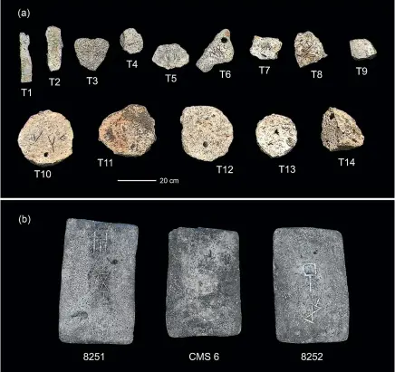  ??  ?? Images prepared by Ehud Galili show (a) tin ingots from Hishuley Carmel, part of them with Cypro-Minoan marks and (b) three out of 30 tin ingots from Haifa with CyproMinoa­n inscriptio­ns with their original label from the literature. Scale applies to all ingots on the figure.