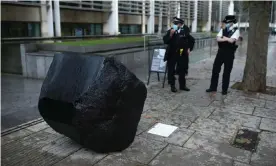  ?? Photograph: Yui Mok/PA ?? Klang, a sculpture in the form of a boulder by Fiona Banner, outside the Department for Environmen­t, Food and Rural Affairs in London on Monday.