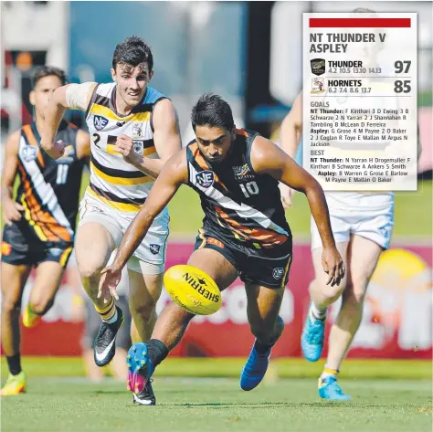  ?? Picture: MICHAEL FRANCHI ?? NT Thunder’s Shannon Rioli leads Aspley’s Henry Joyce to the ball in the NEAFL match at TIO Stadium yesterday