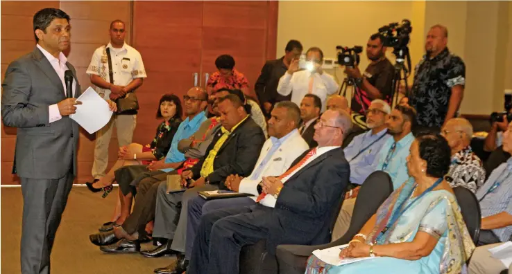  ?? Photo: Ronald Kumar. ?? Attorney General and Minister for Economy, Aiyaz Sayed-Khaiyum (left) while speaking at the Fiji Business Forum 2017 at the Grand Pacific Hotel on August 05, 2017.