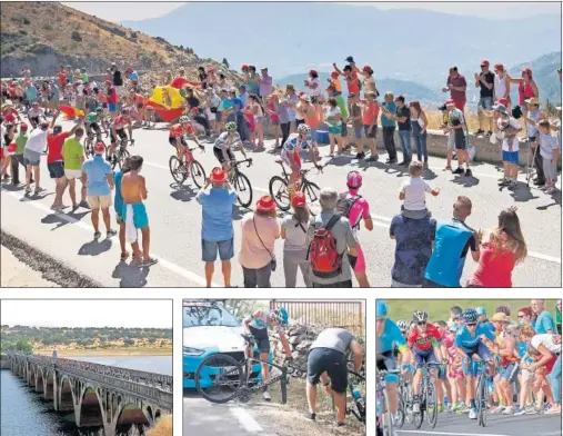  ??  ?? GRAN ETAPA. Arriba, la escapada en el Puerto del Pico. Abajo, el pelotón supera un embalse, la caída de Sivakov y el ataque de Nairo.