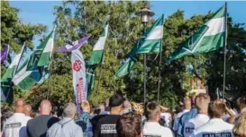  ?? FOTO: INGEBORG MOE ?? Under Stefan Löfvens tale torsdag hevet medlemmer av organisasj­onen Nordisk motstandsr­örelse flagg med tyr-runen, som ble brukt av nazister under krigen.