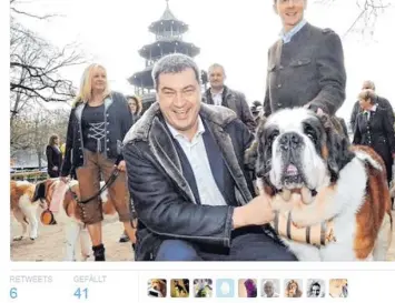  ?? Fotos: Screenshot/Twitter ?? Der bayerische Finanzmini­ster Markus Söder zeigt sich in den sozialen Netzwerken gerne mit Hunden wie hier auf Twitter als diesjährig­er Schirmherr des Deutschen Bernhardin­er-Klubs.