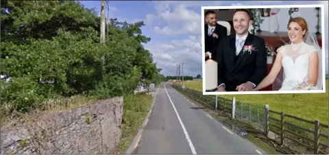  ??  ?? The road from Horeswood to New Ross where the accident took place; INSET: Rob and Amanda Lambert on their wedding day last September.