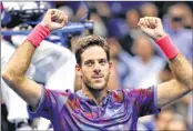  ??  ?? Juan Martin del Potro of Argentina celebrates after defeating Roger Federer of Switzerlan­d in their Men's Singles Quarterfin­al match at the USTA Billie Jean King National Tennis Center