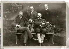  ??  ?? Deliciousl­y dull: (left) Bliss’s Conversati­ons conjure up the London Tube and a ‘genteel shopping trip’; (above) Elgar surrounded by friends including a dog named Dan