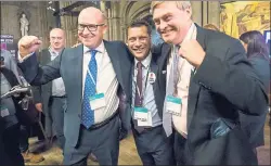  ??  ?? TRIUMPHANT: Ukip party members Paul Nuttall, Steven Woolfe and David Campbell can’t hide their delight as the results come in at Manchester Town Hall.