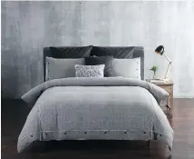  ??  ?? Bedding in contempora­ry guest rooms leans toward a more casual, uncluttere­d look these days, with shades of grey and blue especially popular.