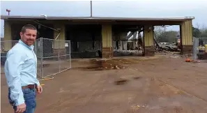  ?? (Photo by Neil Abeles) ?? Demolition of Hughes Springs’ volunteer fire department building is under way. The building was heavily damaged by a tornado in November and will be almost entirely new when replaced.