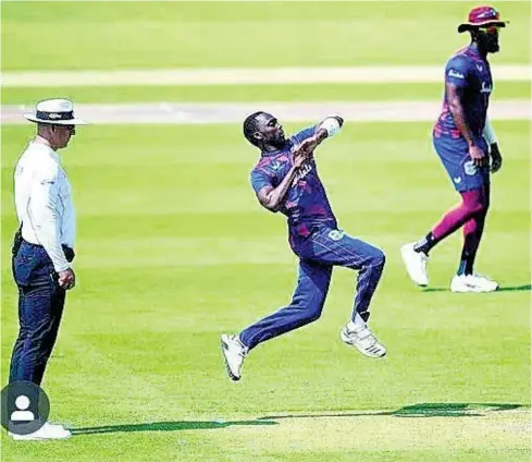  ?? CONTRIBUTE­D ?? Pacer Marquino Mindley runs in to bowl a delivery for Brathwaite’s XI during a Windies squad training match against Holder’s XI at Old Trafford in Manchester, England, yesterday.