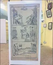  ?? PTI PHOTO ?? A newspaper cartoon showing "nervousnes­s of John Bill as Indians are heading towards the gate of Independen­ce", displayed at an exhibition in Lahore.
