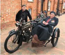  ??  ?? RIGHT: National Treasure and intrepid fundraiser ‘Captain Tom’ gets a celebrator­y ride in the wickerwork sidecar of Robert’s 1912 New Crescent with 600cc side-valve Precision engine