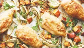  ?? LINDA XIAO/THE NEW YORK TIMES ?? Sheet-pan chicken with sweet potatoes and fennel. Food Stylist: Monica Pierini.