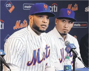  ?? RICHARD DREW/AP ?? Robinson Cano, left, and Edwin Diaz were introduced Tuesday.