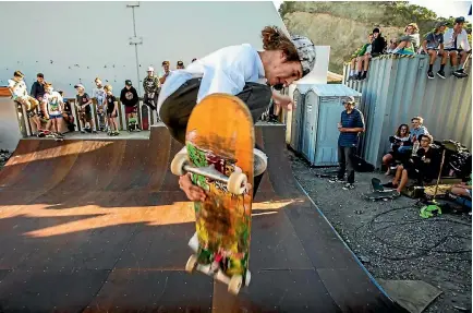  ?? PHOTO: DAVID WALKER/STUFF ?? Quinn Michael, 16, getting air hours before the Sumner skateboard ramp was closed down in February.