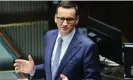  ?? ?? Mateusz Morawiecki speaks to Sejm on Monday, where his party lost the vote for forming a new government by 266 votes to 190. Photograph: Piotr Molęcki/East News/ Shuttersto­ck