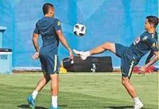  ?? AP ?? Brazil’s Philippe Coutinho (right) and Gabriel Jesus practice during a training session in Sochi.