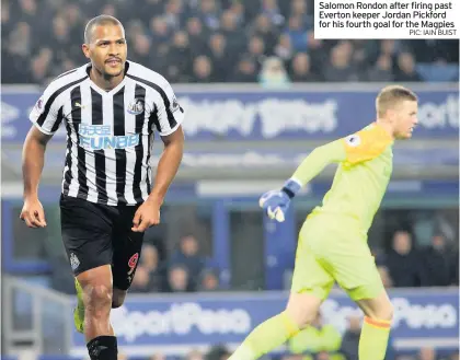  ??  ?? Salomon Rondon after firing past Everton keeper Jordan Pickford for his fourth goal for the Magpies PIC: IAIN BUIST