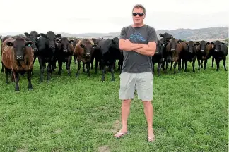  ?? PHOTO: ROB TIPA/STUFF ?? James Herlihy is mobbed by two-yearold wagyu beef cattle he rears from calves born on his family’s two dairy units at Patearoa on the Maniototo Plain.