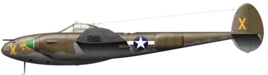  ?? ?? “Ruff Stuff” was a P-38F with flush inlets below the spinners and early canopy. Note the modified national roundels that have had white bars added to the original marking. (Illustrati­on by Tom Tullis)