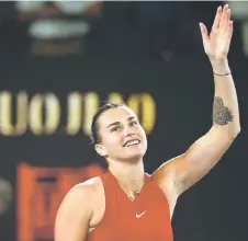  ?? — AFP photo ?? Sabalenka celebrates after victory against Gauff during their women’s singles semi-final match.