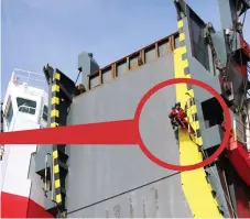  ??  ?? Boarded: The ship in the Thames and (circled) a protester climbs up its vertical loading door