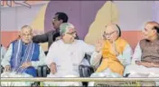  ??  ?? Former Tripura CM Manik Sarkar (second from left) with senior BJP leaders Murli Manohar Joshi and LK Advani and Union home minister Rajnath Singh (right) in Agartala on Friday. PTI PHOTO