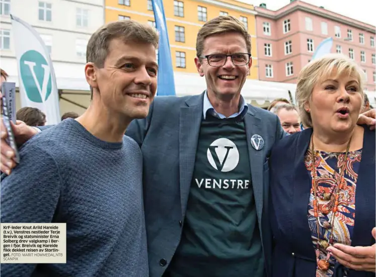  ?? FOTO: MARIT HOMMEDAL,NTB SCANPIX ?? KrF-leder Knut Arild Hareide (t.v.), Venstres nestleder Terje Breivik og statsminis­ter Erna Solberg drev valgkamp i Bergen i fjor. Breivik og Hareide fikk dekket reisen av Stortinget.