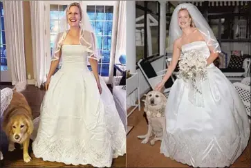  ?? Elizabeth O’Connor Cole, Jessica Tampas Photograph­y ?? ELIZABETH O’Connor Cole, left, wears her wedding gown with her dog Holly at home in Lake Geneva, Wis., on May 26, 2020. O’Connor Cole, right, wore the same gown with dog McGee for her wedding on May 26, 2001.