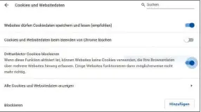  ??  ?? Drittanbie­ter-Cookies lassen sich in Chrome per Schiebereg­ler aussperren.