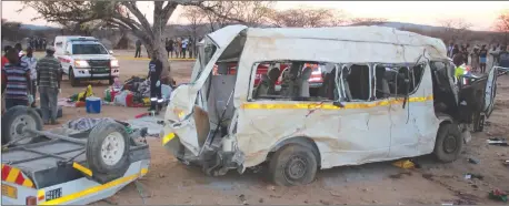  ??  ?? The aftermath… The wreck of a passenger bus that was involved in a fatal road accident that claimed 14 lives at Kalkfeld settlement in Otjozondju­pa Region.