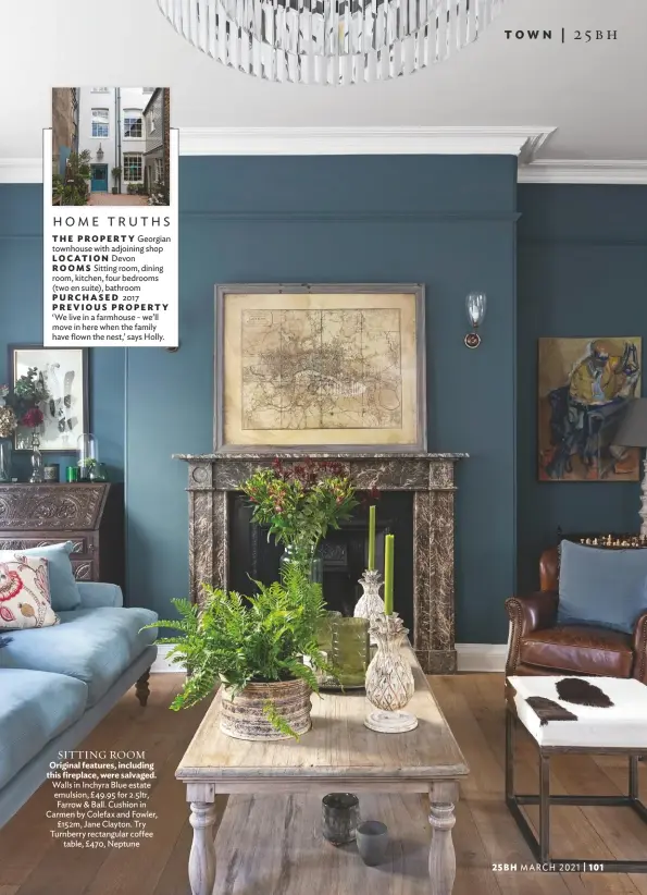  ??  ?? SITTING ROOM Original features, including this fireplace, were salvaged. Walls in Inchyra Blue estate emulsion, £49.95 for 2.5ltr, Farrow & Ball. Cushion in Carmen by Colefax and Fowler, £152m, Jane Clayton. Try Turnberry rectangula­r coffee table, £470, Neptune