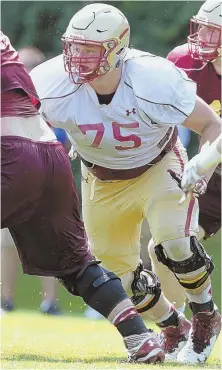  ?? STAFF PHOTO BY JOHN WILCOX ?? SLIDING OVER: Boston College junior Chris Lindstrom will play right tackle this season for the first time in his career. The Eagles open their season Sept. 1.