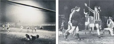  ?? PICTURES: STEVE ELLIS ?? MARATHON: Volunteers clear snow at Hillsborou­gh on the morning of the first game which ended 1-1. Left, Brian Hornsby scores from the spot for the second equalising goal for the Owls. Right, a happy John Lowey after he scored Wednesday’s second in the 3-3 draw.