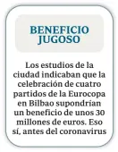  ??  ?? Los estudios de la ciudad indicaban que la
celebració­n de cuatro partidos de la Eurocopa en Bilbao supondrían un beneficio de unos 30 millones de euros. Eso sí, antes del coronaviru­s