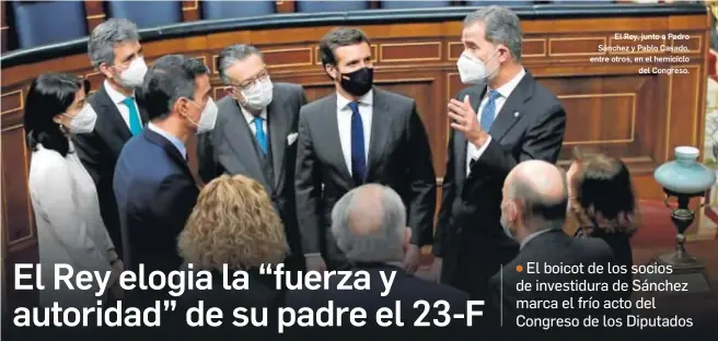  ?? POOL / EFE ?? El Rey, junto a Pedro Sánchez y Pablo Casado, entre otros, en el hemiciclo del Congreso.